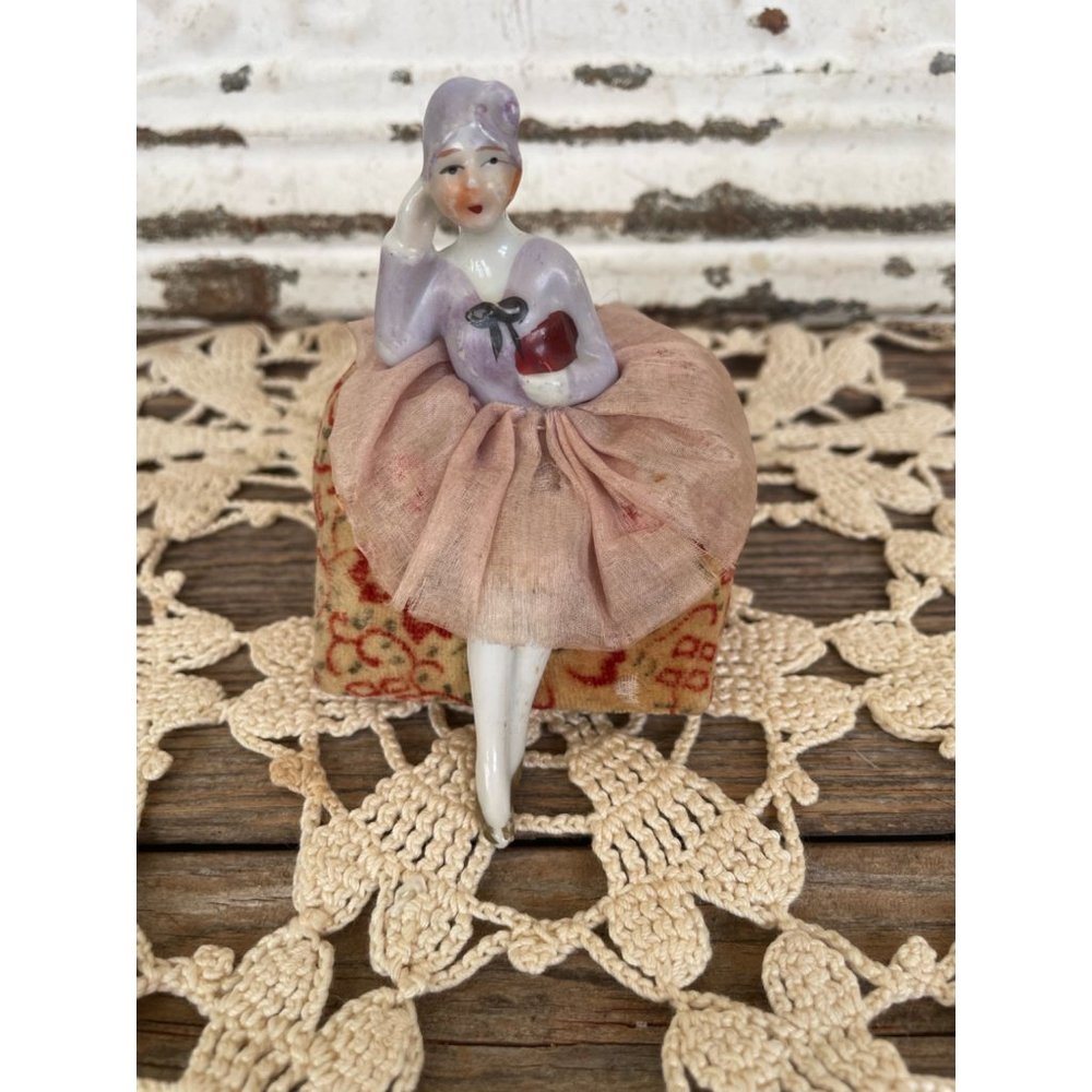 Antique Bathing Beauty Type Pincushion Half Doll Legs Out On A CHair